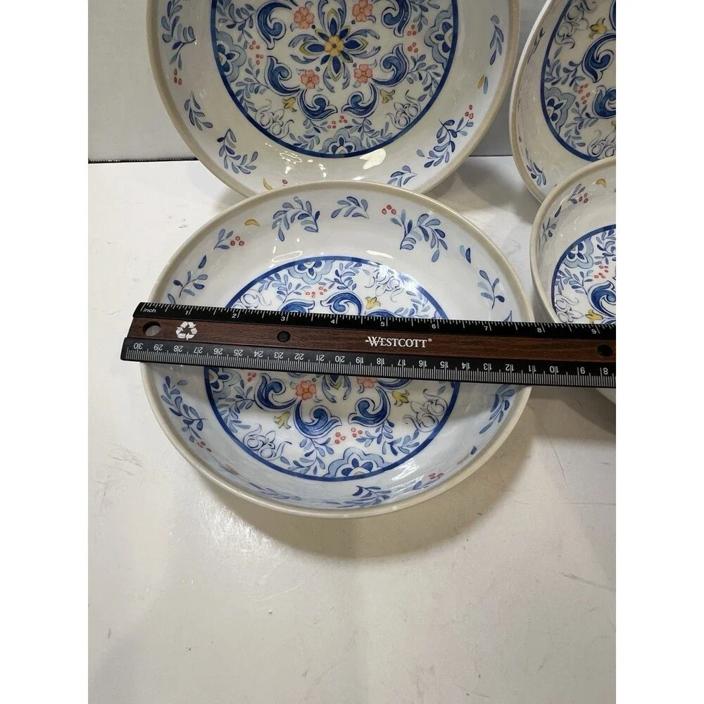 Melamine Pasta Bowls Mediterranean Print Blue Yellow On White Tan Rim Set of 4